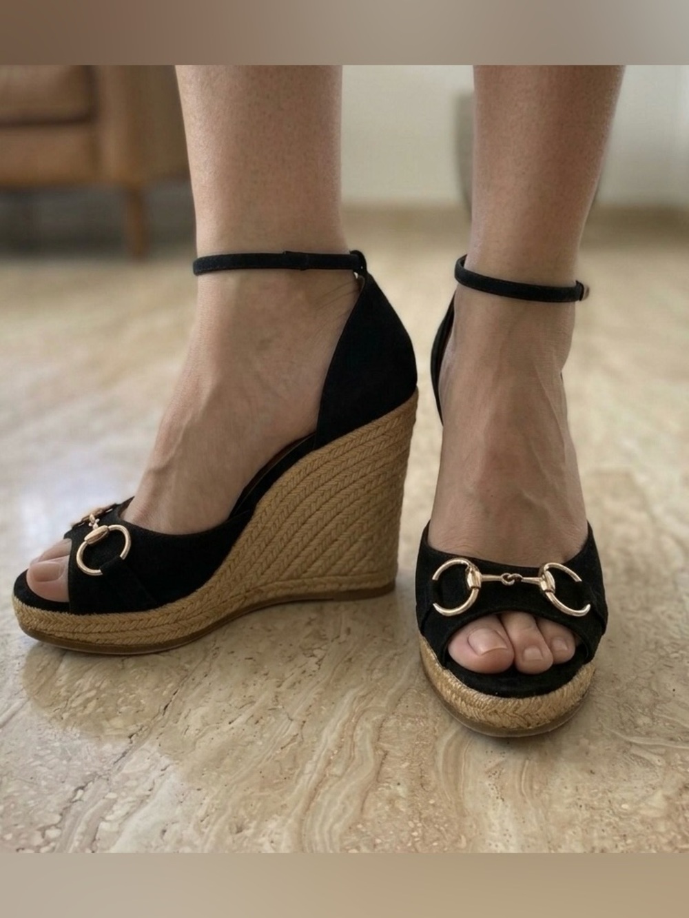 Gucci Black Suede Horsebit Wedge Espadrille Platform Sandals